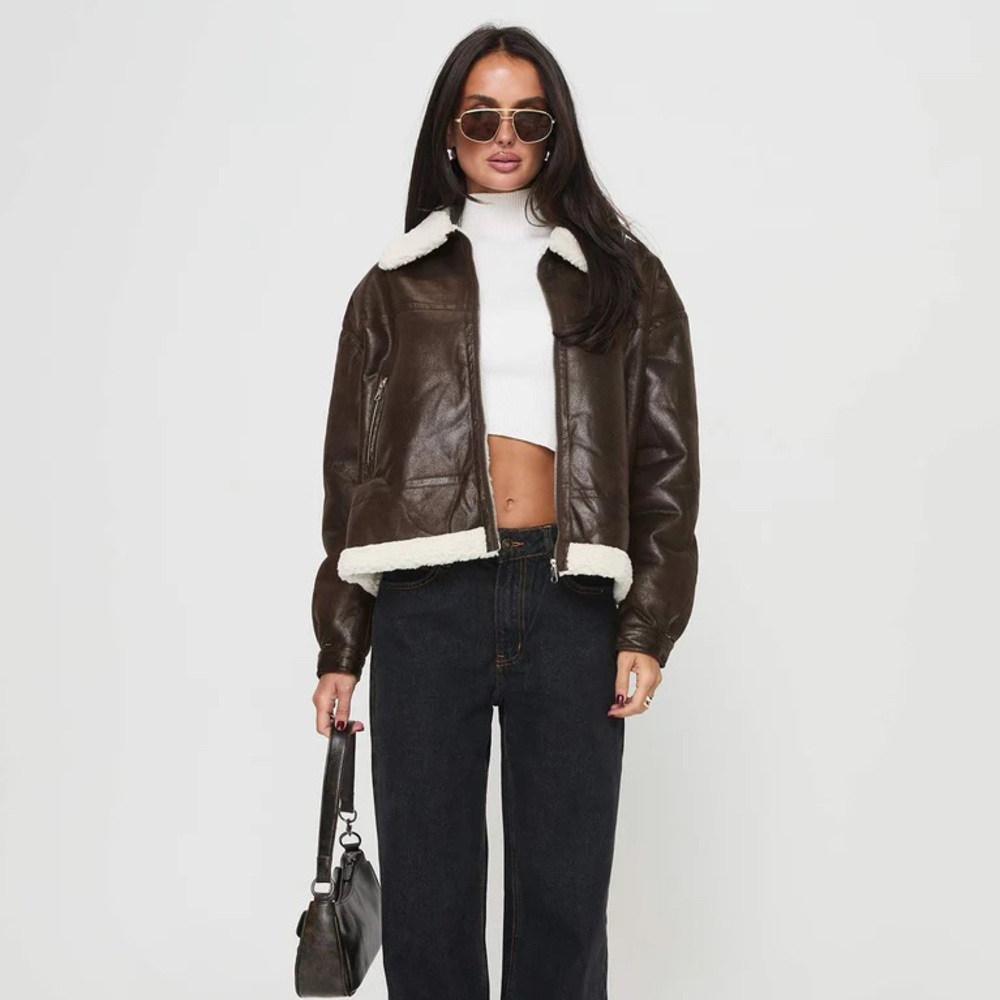 PRINCESS POLLY NWT SOLARA FAUX LEATHER SHEARLING JACKET CHOCOLATE XS/S
